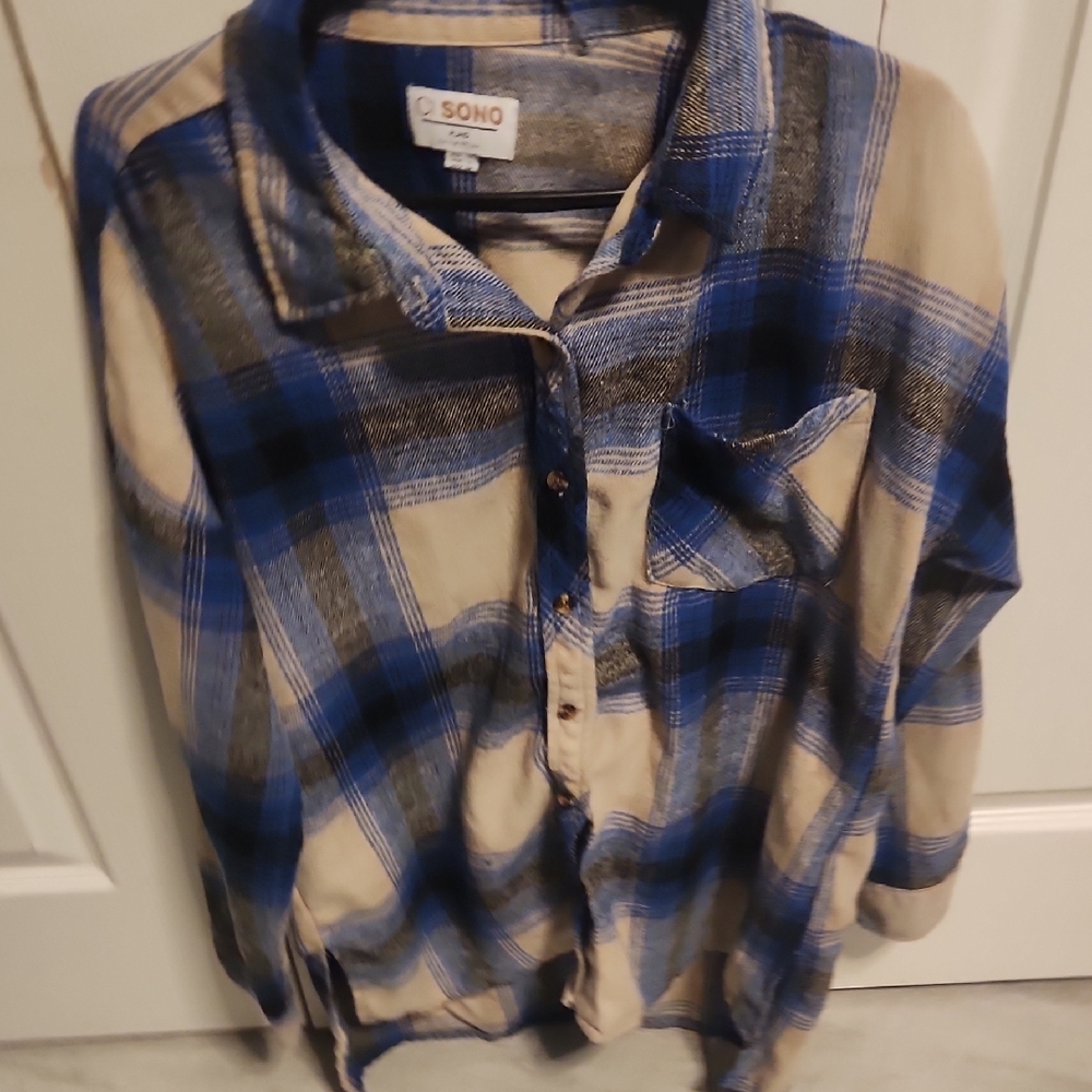 SOHO Blue and Tan Plaid Shirt